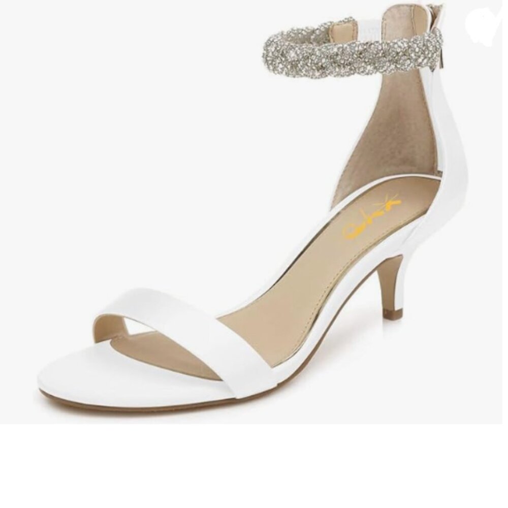 XYD White Ankle Strap Kitten Heel Sandals Cute Rhinestone Bridal Party Shoes